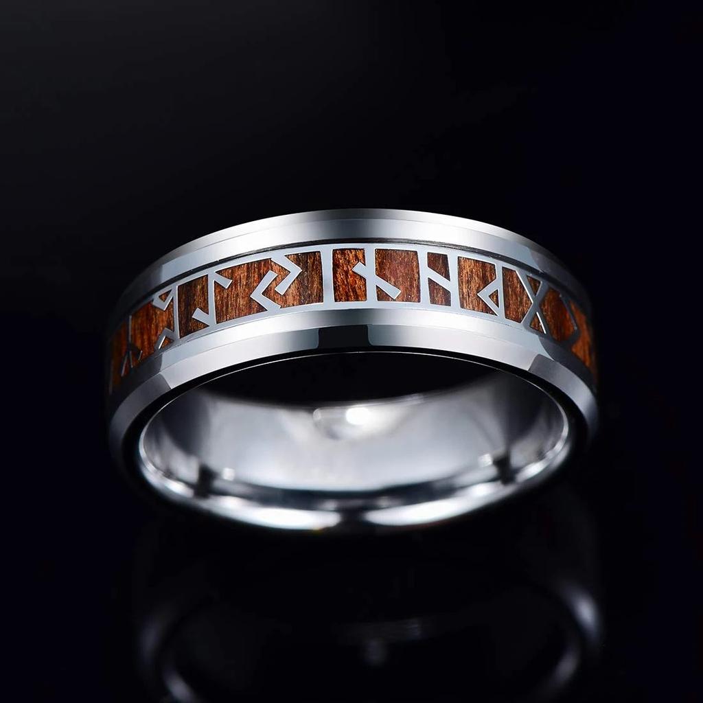 8mm Men Stainless Steel Norse Viking Runes Rings Inlay Koa Wood Rings For Men Women Wedding Band Jewelry Gift