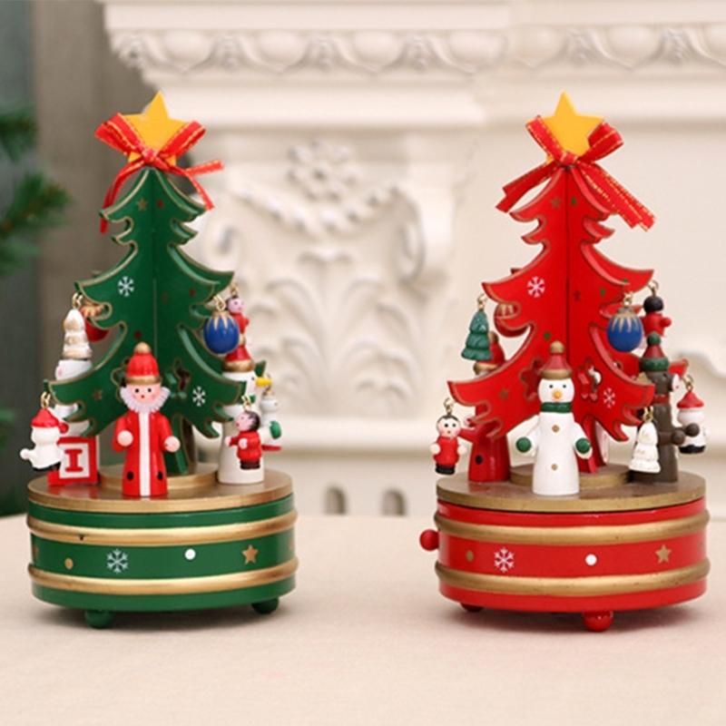 Natural Wood Christmas Tree Rotating Musical Decoration with Figurines Ornaments Holiday Party Centerpieces Music Box