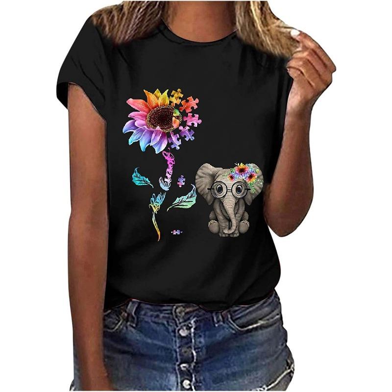 Summer Round Neck 3D Feather Animal Simplicity Print Top Fashionable Casual Short Sleeved Women's T-shirts