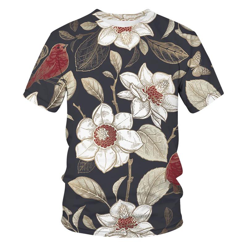 Round Neck Floral Pattern 3D Printed T-shirts Casual Short Sleeved Men's T-shirts - Soft Medium Stretch Polyester Fabric Summer Relaxed Fit Clothing