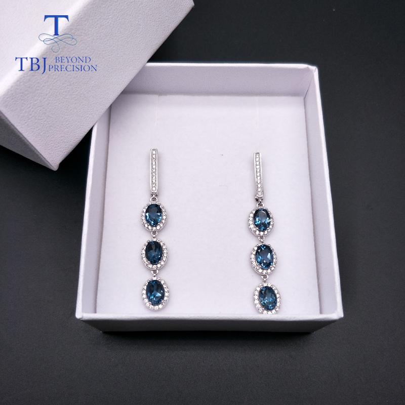 Long Earrings Natural London Blue Topaz Oval 5*7mm Long Style 925 Silver Earrings Simple Luxury Design for Solemn Lady Nice Jewelry Gift