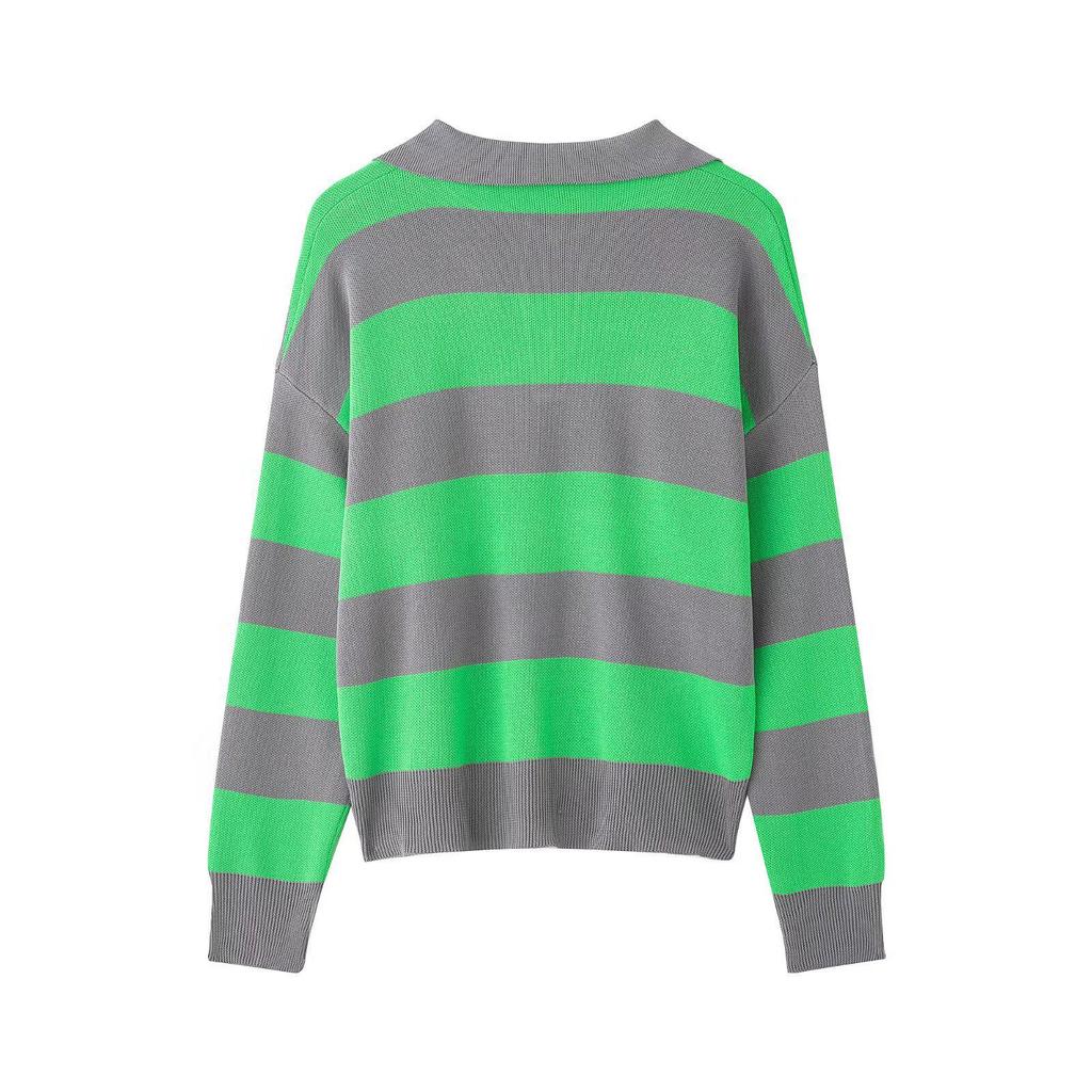 Spring 2026 Women's European & American Striped Lapel Knit Pullover Sweater