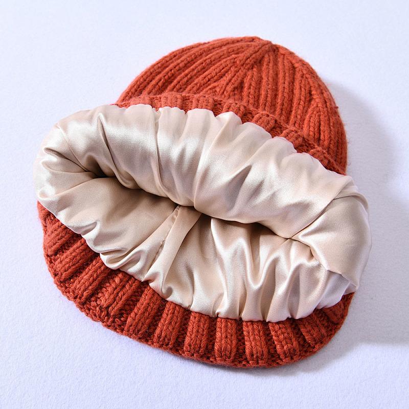 Versatile series adult rabbit velvet knitted hat solid color lined outdoor satin lining wool hat source