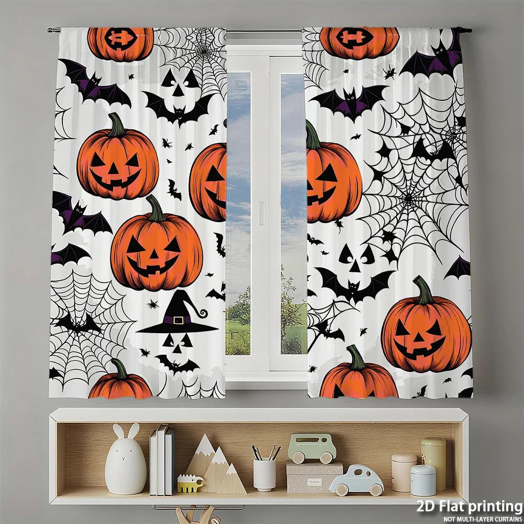 Piece Set High Definition Digital Printed Curtainshalloween Orange Pumpkins Black Bats Spiderwebs Witchhat Patternhome Deco Curtain Made Of Polyester