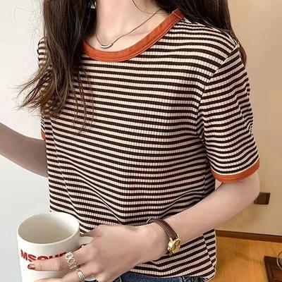 Striped Short Sleeve T Shirt Women's Summer Korean Version Loose Retro Contrast Slim Round Neck Women's Fashion Casual