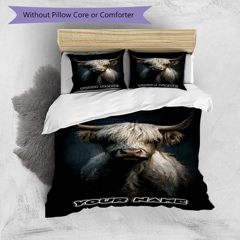 3PC Custom Name Highland Cow Portrait Bedding Set Printed Bedding Set Duvet Cover Closure Includes 1 Duvet Cover & 2 Pillowcases for All Seasons Bedro