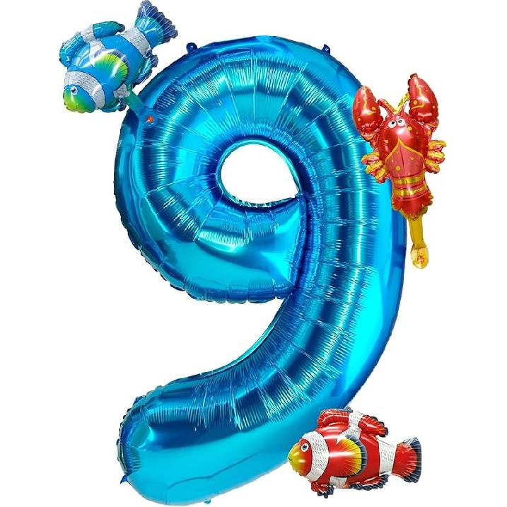 40 Inch Under the Sea Blue Number 1 Balloon, Mini Sea Animal Balloons Ocean Animal Foil Balloon, Fish Crawfish Balloons for Boys Girls Ocean Theme