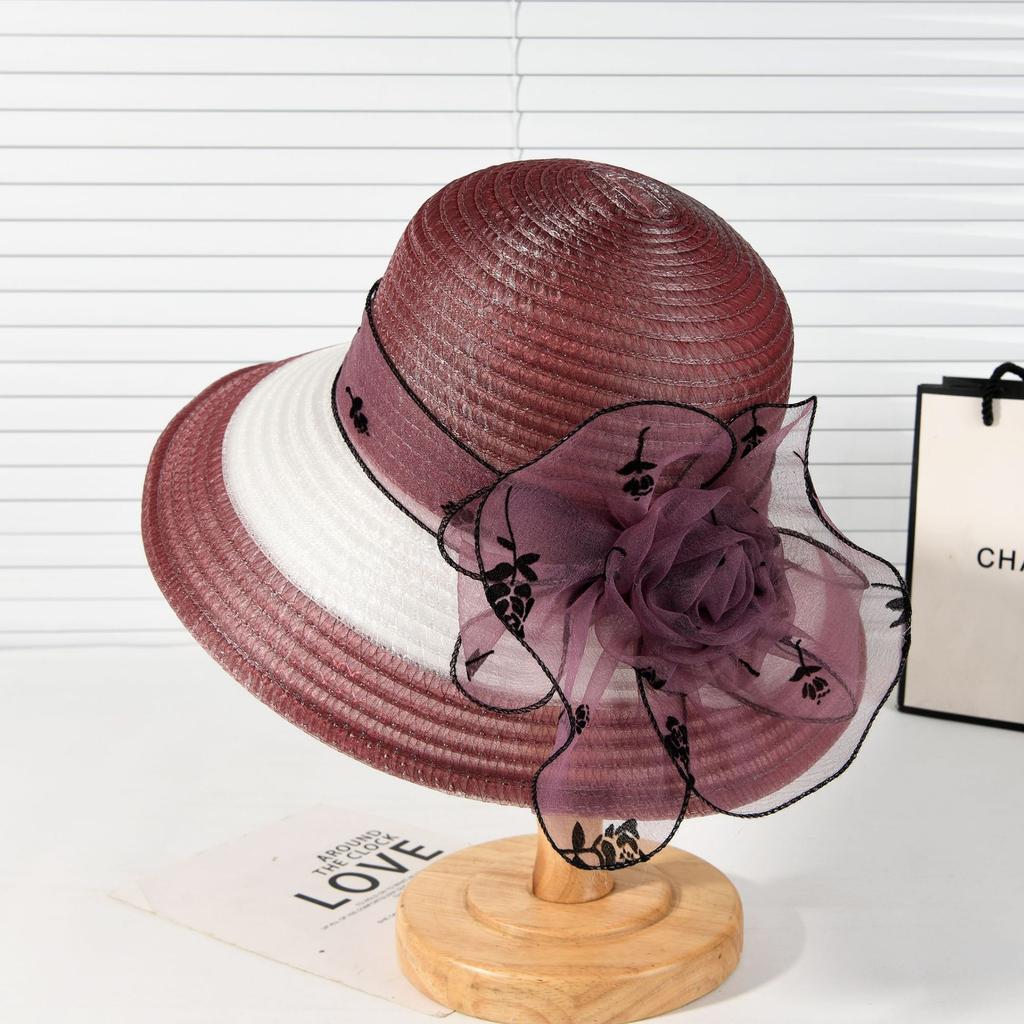 Summer Middle-Aged And Elderly Organza Flower Pot Hat French Top Hat Mother Sun Protection Hat Breathable Sun Hat Women