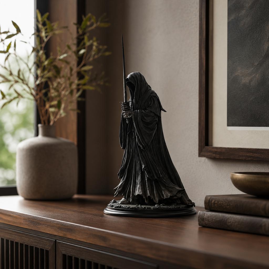Collectible Dark Cloaked Figure Model Statue with Sword Standing on Decorative Base Detailed Design for Display and Collection