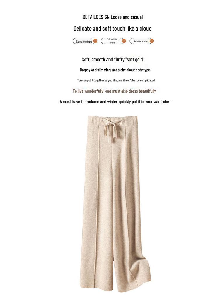 Women's High Waist Wool Wide-Leg Pants: Autumn/Winter Drape Loose Cashmere Knit Casual Wear.
