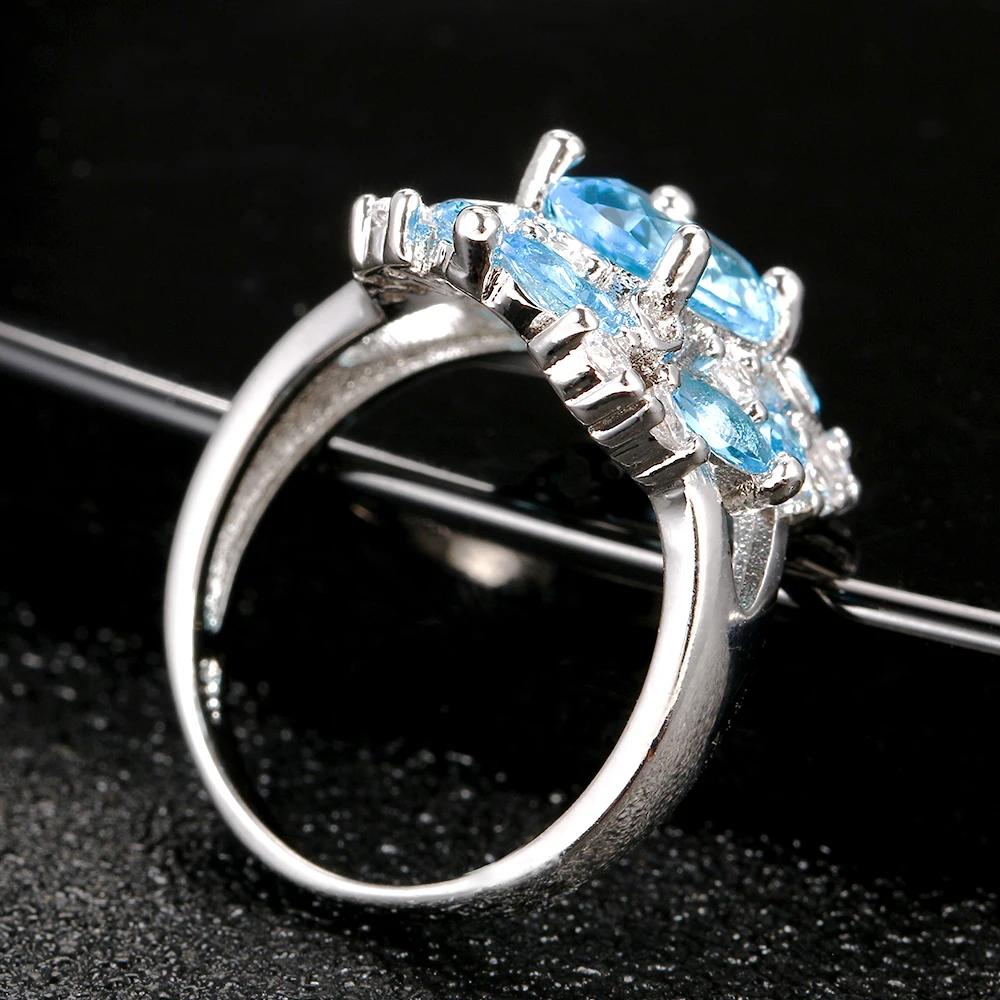 Vintage Floral Natural Blue Topaz  Plated Ring Multi-Gemstone White Zircon Paved Statement Rings Women Fine Jewelry Wedding