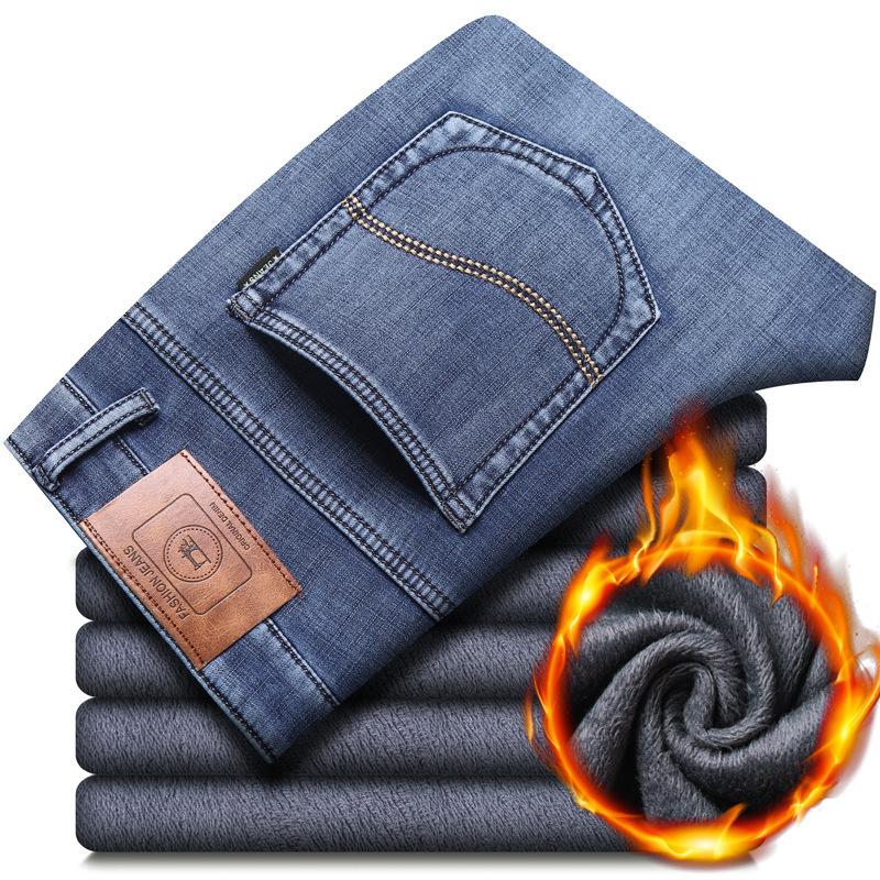 2024 Winter New Men'S Slim Fit Small Straight Leg Denim With Thick Fleece For Warmth And Casual Stretch Long Pants