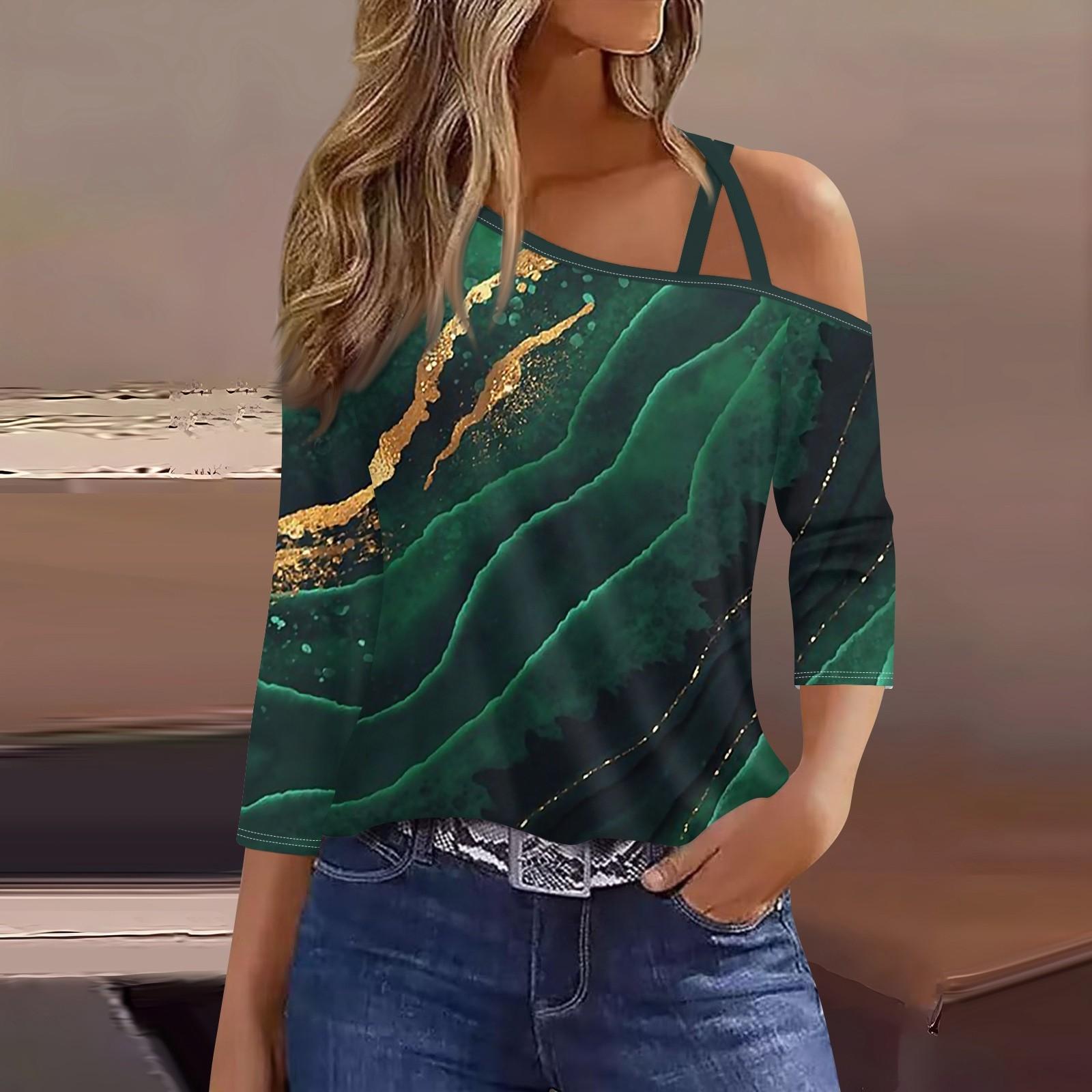 

Жіноча футболка з принтом і рукавами 3/4, щоденна мода на вихідні, звичайний топ із холодними плечима M