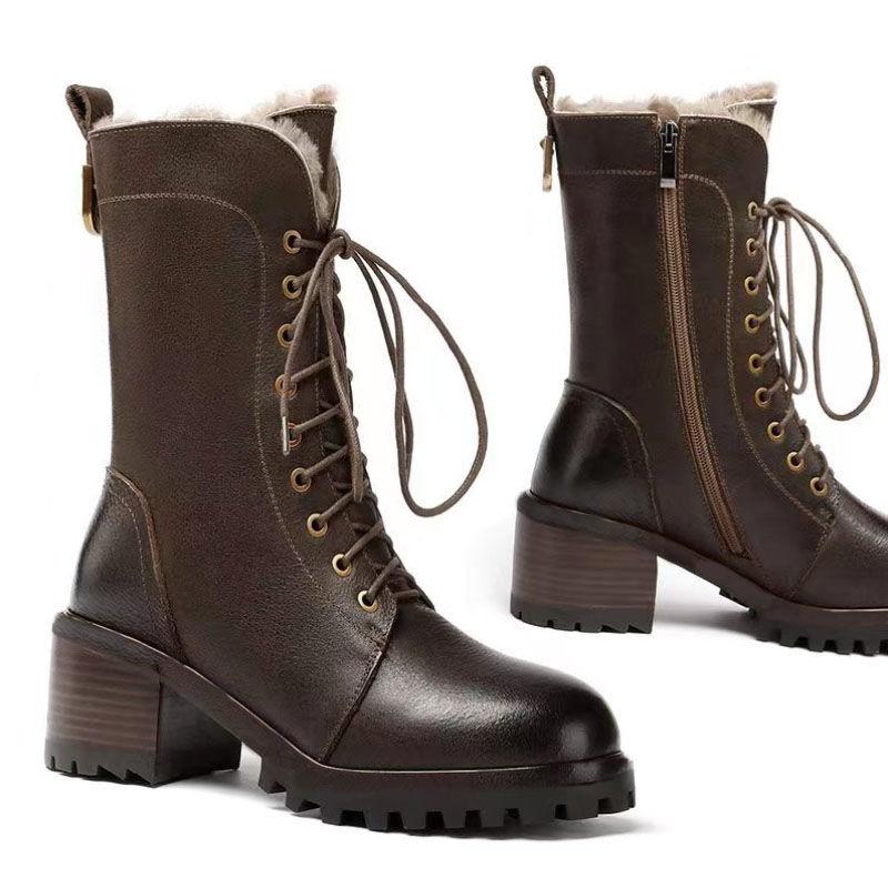 Autumn Winter Fleece-Lined Lace-up Ladies Mid Calf Shoes Warm Round Toe Middle Heel Women's Half High Boots  New In Footwear