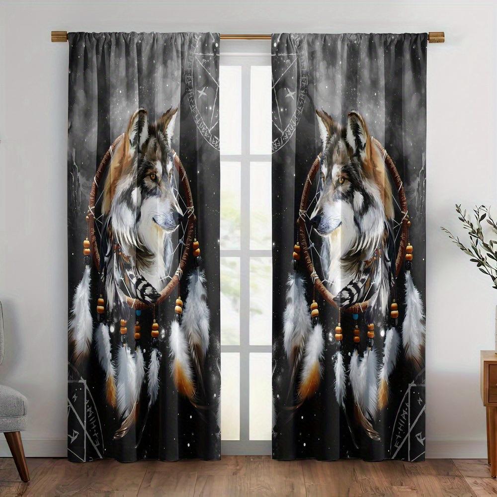 2pc Wolf Print Curtain Set, Suitable for Bedroom and Living Room Decoration, Machine Washable Polyester, Living Room Curtains
