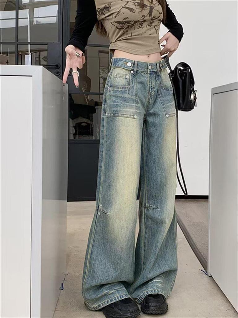 Women's Retro Distressed Wide Leg Jeans - Early Autumn High Street Style, Water Washed, Loose Fit, Slimming Straight Leg