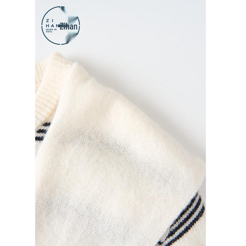 ZIHAN Women's 100% Lamb Wool Color-block Striped Crew Neck Sweater