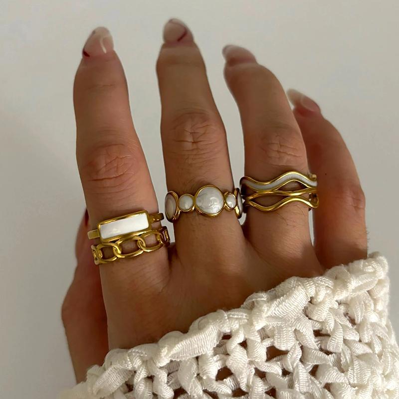 Stainless Steel Vintage White Enamel Open Rings for Women 18K Gold Plated Adjustable Finger Ring Wedding Chic Jewelry