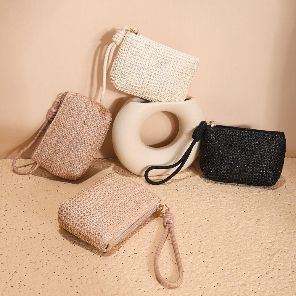 Fashion Women Girls Zipper Change Pouch Women Mini Straw Wallets Coin Purses Card Holder Money Bag