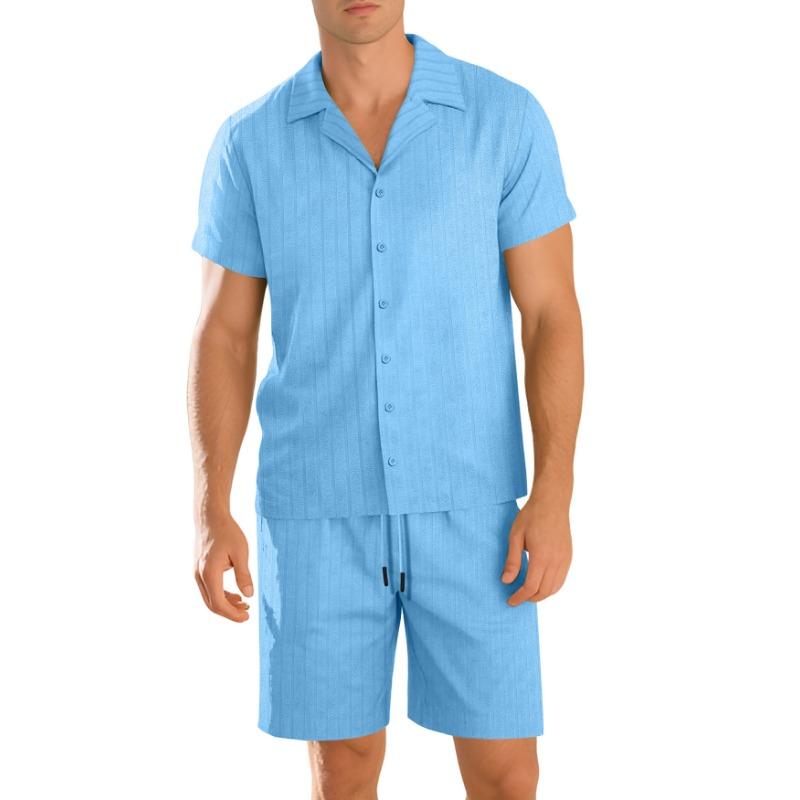 Mens Casual Two Piece Outfit Textured Short Sleeve Cuban Collar Shirt And Drawstring Shorts Set