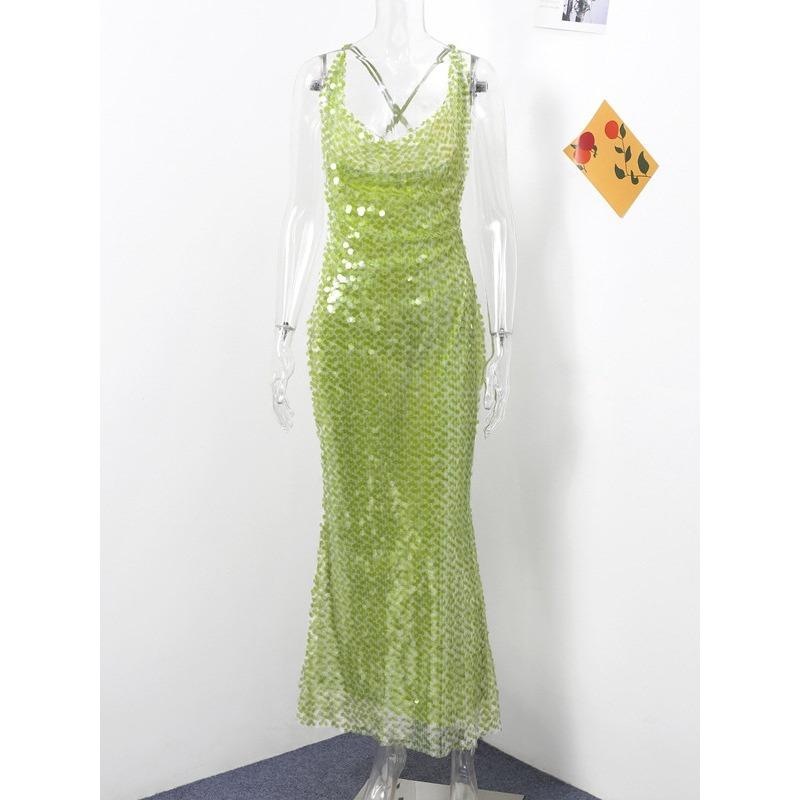 New sexy suspender backless slim hip sequined dress dress S