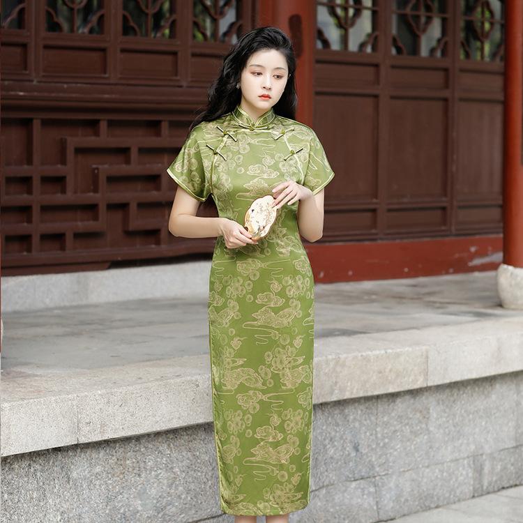 1011 summer and autumn new fashion satin cheongsam medium and long double-layer improved slim daily banquet national style women's clothing