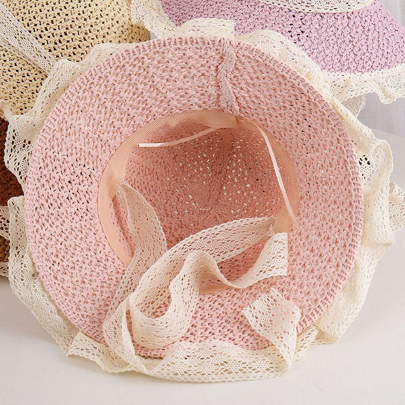 Sunshade Straw Hat Women's Large Eave Lace Bow Sunshade Hat Foldable Seaside Beach Sun Hat