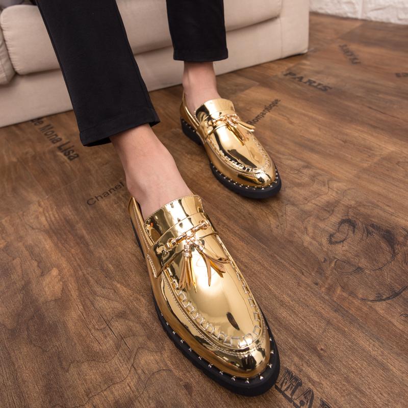 Men Classic Retro Loafer Casual Street Style Gold Patent Leather Platform Black Dress Party Shoes Large Size