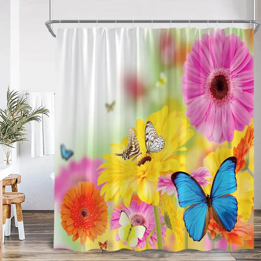 

Цветочная Бабочка Шторка для душа Розовый Фиолетовый Цветущее Растение Искусство Украшения для ванной комнаты Шторка для душа с крючком W120xH180cm