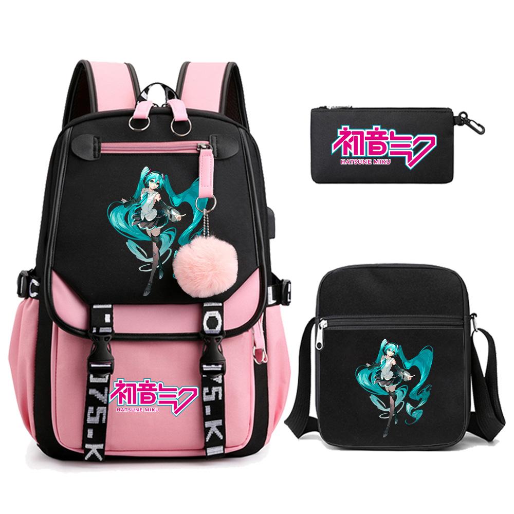 3ks/sada Anime Kreslený Batoh s Potiskem Hatsune Miku s Taškou přes Rameno pro Teenagera Studenta Dívku Chlapce Velkokapacitní Voděodolný Školní Batoh Mochila