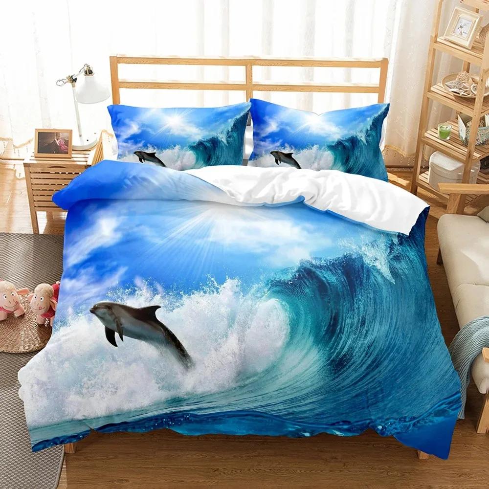 Fashion Blue Dolphin Duvet Cover Set Cute Aniaml Bed Linen Pillowcase Luxury Home Texitle Queen Full Size 3D Bedding Sets Sea