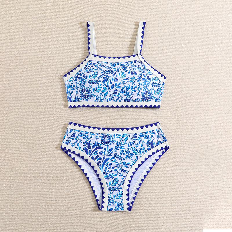 2025 Blue & White Porcelain Print Girls' Swimsuit - Holiday Beach Bikini Swimwear