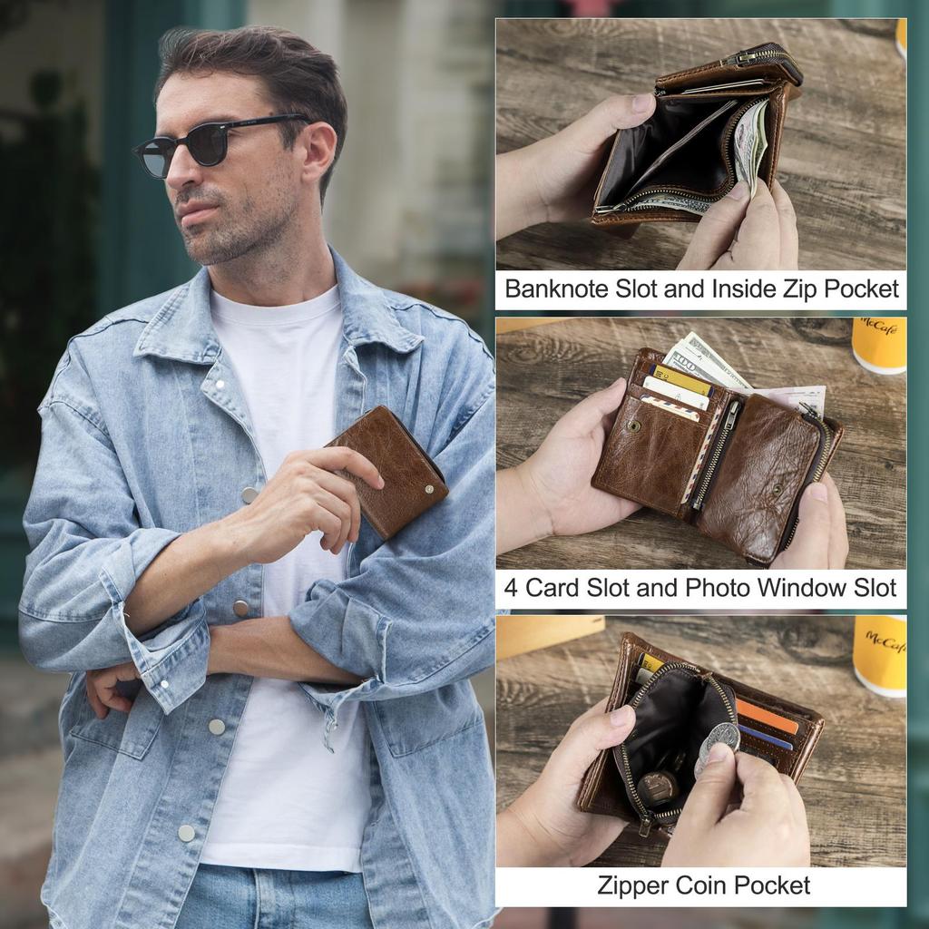 Men Genuine Leather Bifold Short Wallet RFID Blocking Zipper Coin Pocket