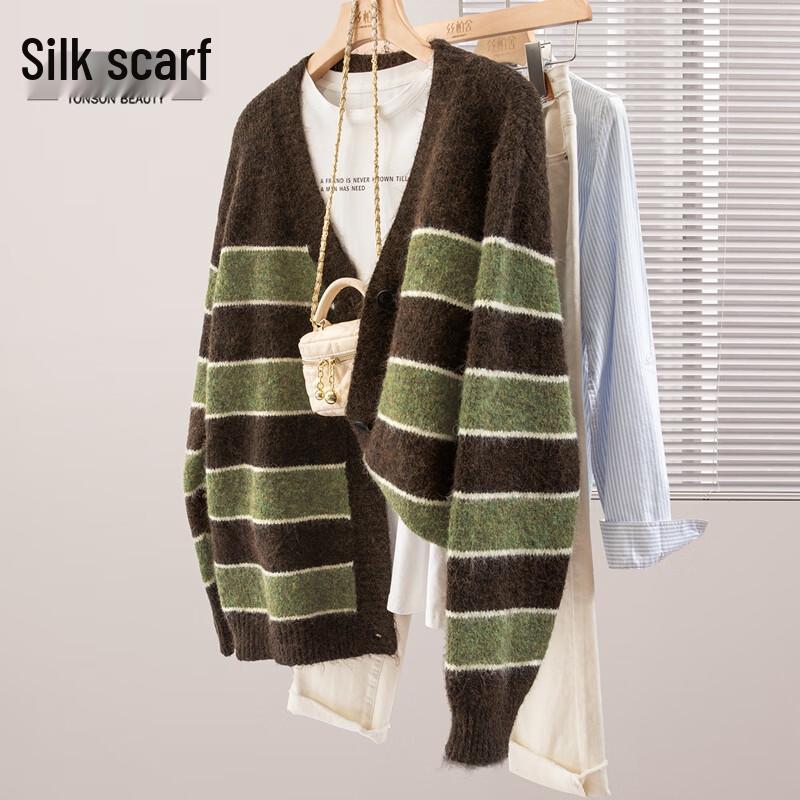 

Women s V-Neck Striped Wool Blend Knit Top One Size