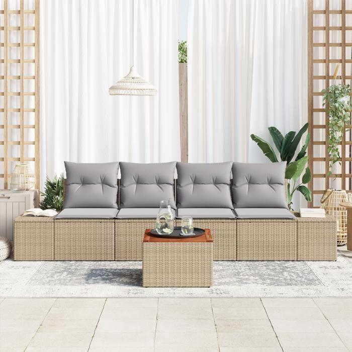 VidaXL Ensemble de Canapé de Jardin 5 Pièces avec Coussins Beige Rattan Acacia 3347889