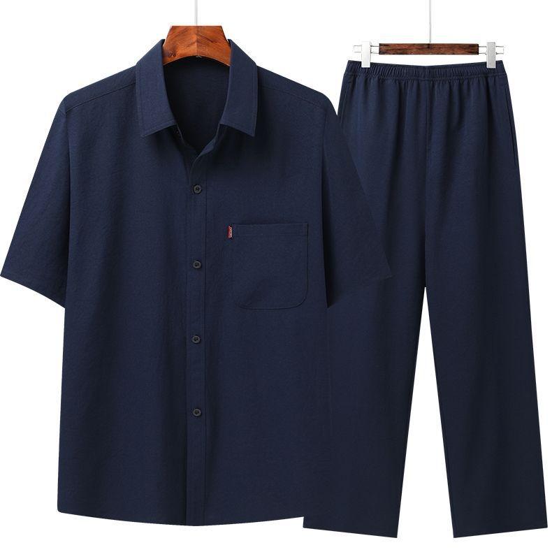 

Pants Summer Leisure All Match Middle Aged Old Dad Men Fashion Trend Grandpa Loose Lapel Half Sleeve Shirt Set 43