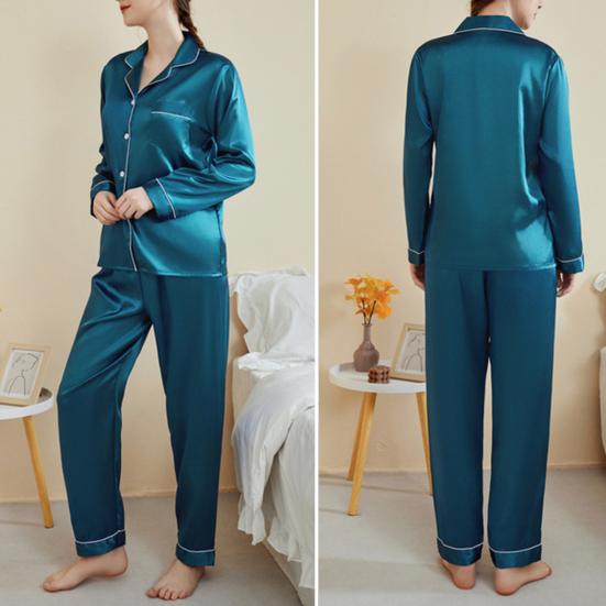 Yousheng 2 Pcs/Set Pajamas Suit Satin Single-breasted Cardigan Shirt V Neck Notch Collar Solid Color Shirt Wide Leg Loose Trousers Nighty Suit