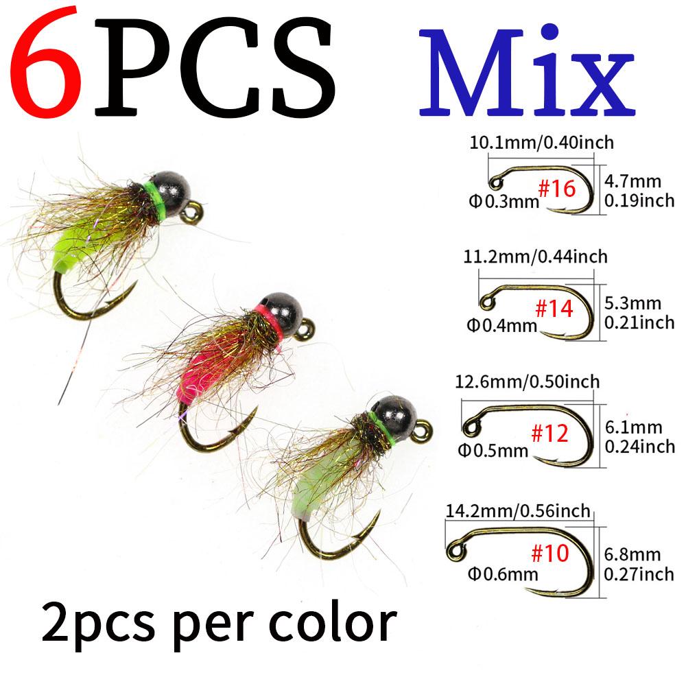 

6 шт. Крючок джиг с бородкой 4 размера #10 #12 #14 #16 Головка с бусинкой Евро нимфа Быстро тонущая Мокрая мушка Окунь Форель Лосось Рыболовная приманка Наживка #16