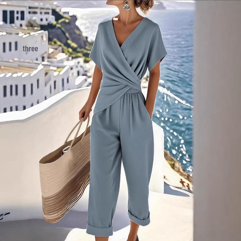 Women's Summer 2026 Fashion: Solid Color Irregular Short Sleeve Set