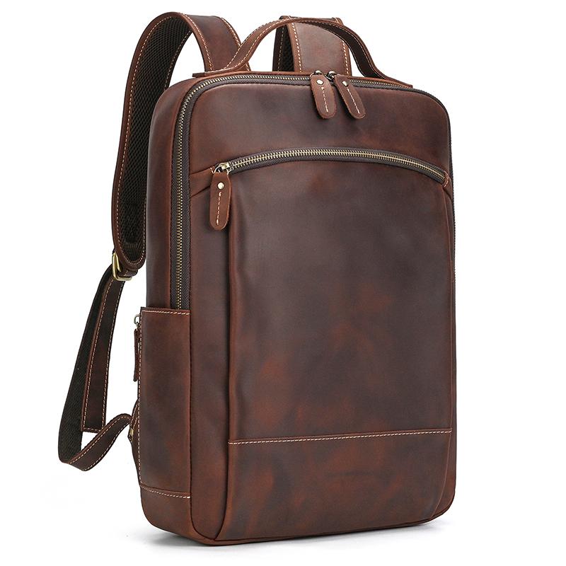 Vintage Men's Crazy Horse Leather Backpack Genuine Large Retro Rucksack Classic Travel Bag with Laptop Compartment
