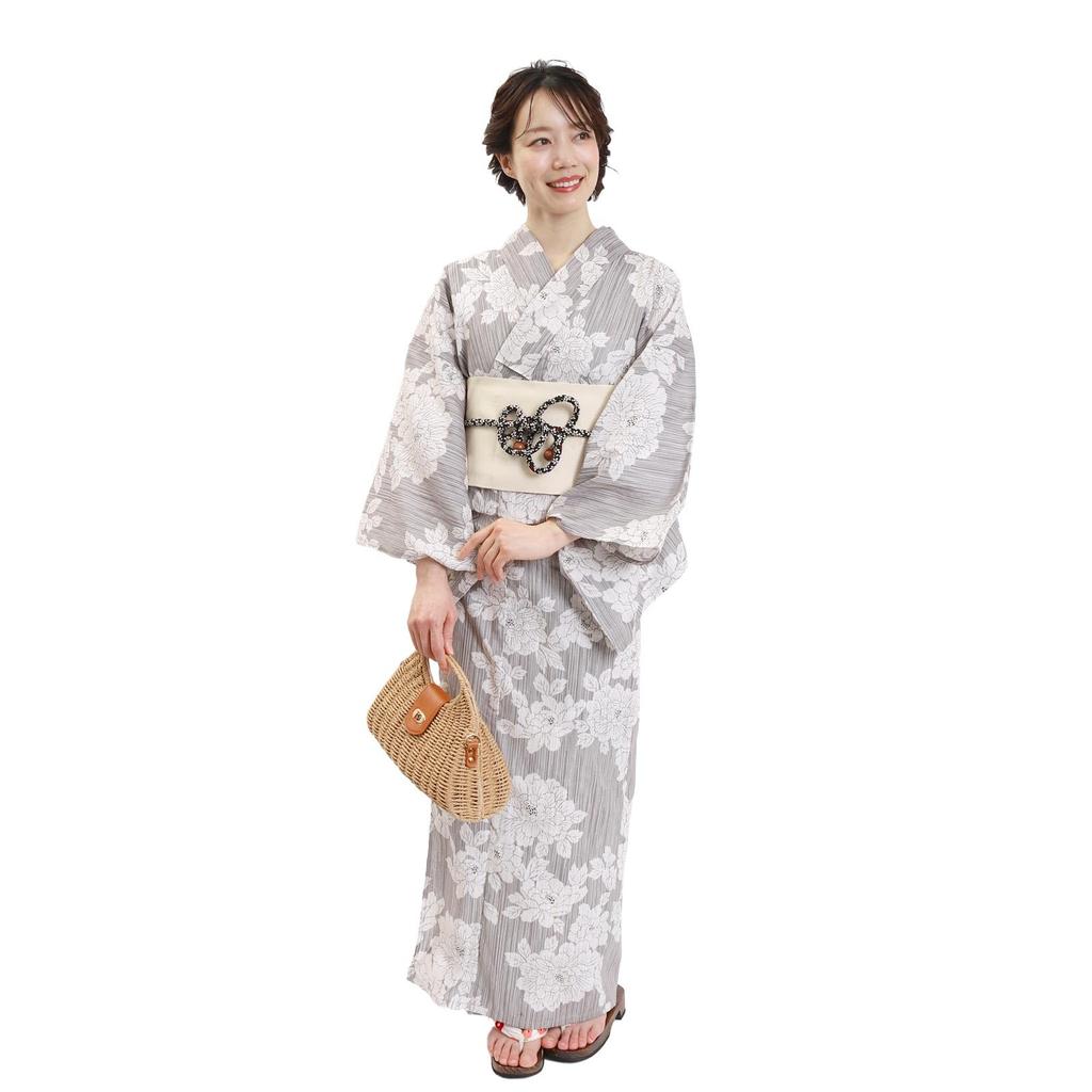 Fuuka Yukata Set Adult One Size Fits Peony with Obi Women's (2 Pieces), Size, Most, (Beige/White) Pre-tied (White)