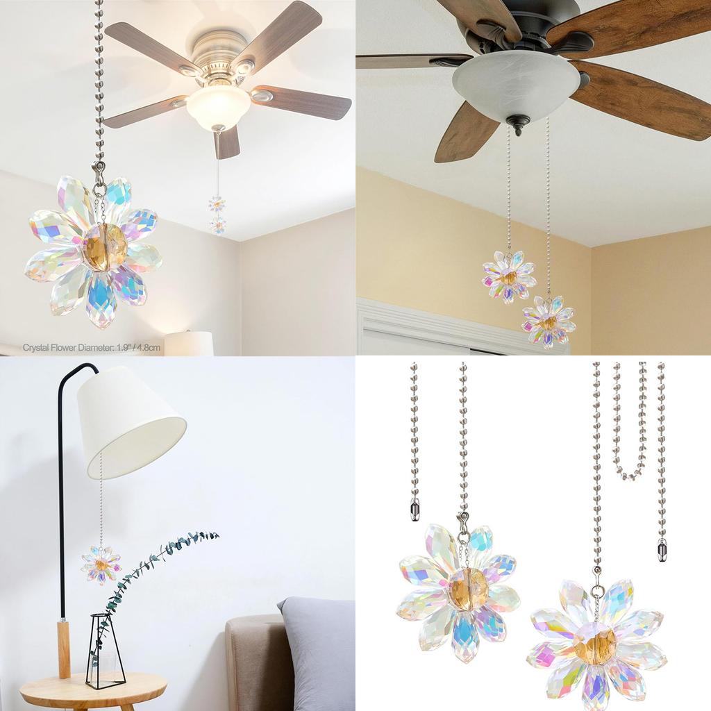 2Pieces Fashionable Crystals Glass Flower Ceiling Fan Pull Chain Set Extenders for Home Decoration In Vibranting Color