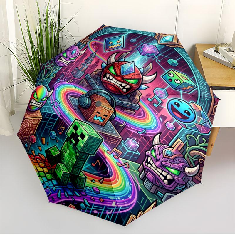 Geometry Dash Print Automatisk Åben Lukke Paraply, Bærbar Foldbar Paraply, til Udendørs Pendling Campingtur, Ideel Fødselsdagsgave