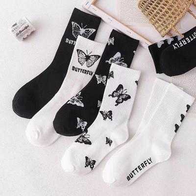 Butterfly Women's Mid-Tube Japanese Cartoon Socks - Black and White, Spring/Summer Trendy Pile Style.