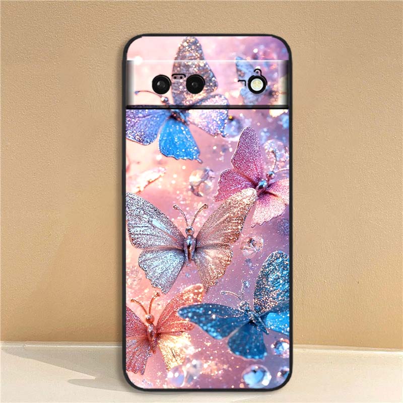 Butterfly flower pattern For Google Pixel 10 9a 9 8A 8 7 7A 6 6A Pro XL 2024 5G Black Soft TPU Silicone Phone Case