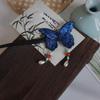Chinese Style Embroidered Blue Butterfly Hairpin Pearl Tassel Hair Accessory Hanfu Hairpin Headwear Decoration