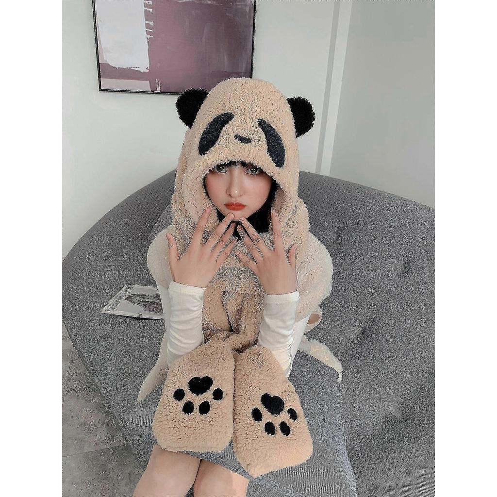 Urocza Kreskówkowa Czapka Panda Zimowa Ciepła Czapka Wiatroszczelny Szalik i Rękawiczki Zestaw Uroczy Zimowy Gruby Szalik z Kapturem z Mimikami
