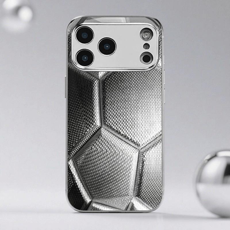 Premium electroplated glass phone case for iPhone 17 16 15 14 13 12 11pm Pro Plus. New metallic soccer ball texture.