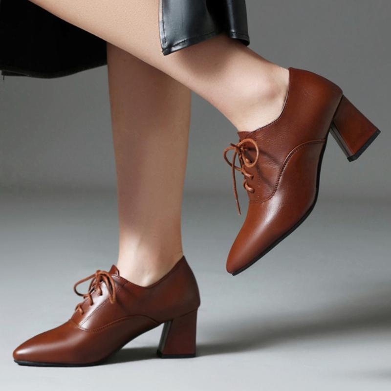 Elegant Women's Low Heels Loafer Shoes Fashion Lace-up Black Khaki Nude Short Heeled Party Wedding Office Shoes Female Big Size