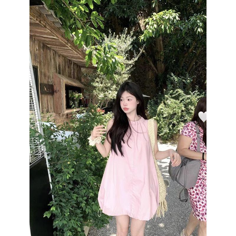 Kumikumi Sweet Age-Reducing Pink Sleeveless Dress Women Summer Simple Flower Bud Skirt Vest Skirt Casual Short Dress